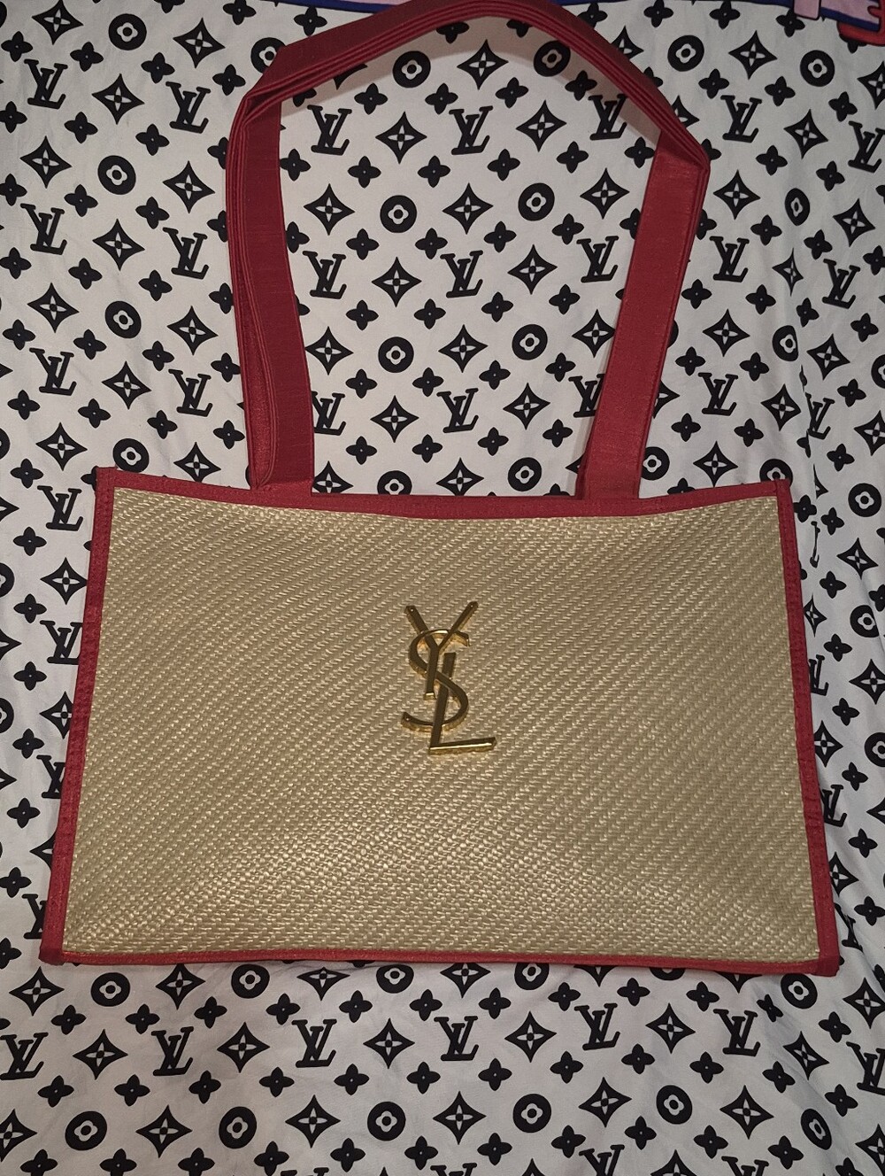 Yves Saint Laurent Natural Raffia Tote with Red Trim and Gold Logo - Picture 3 of 10